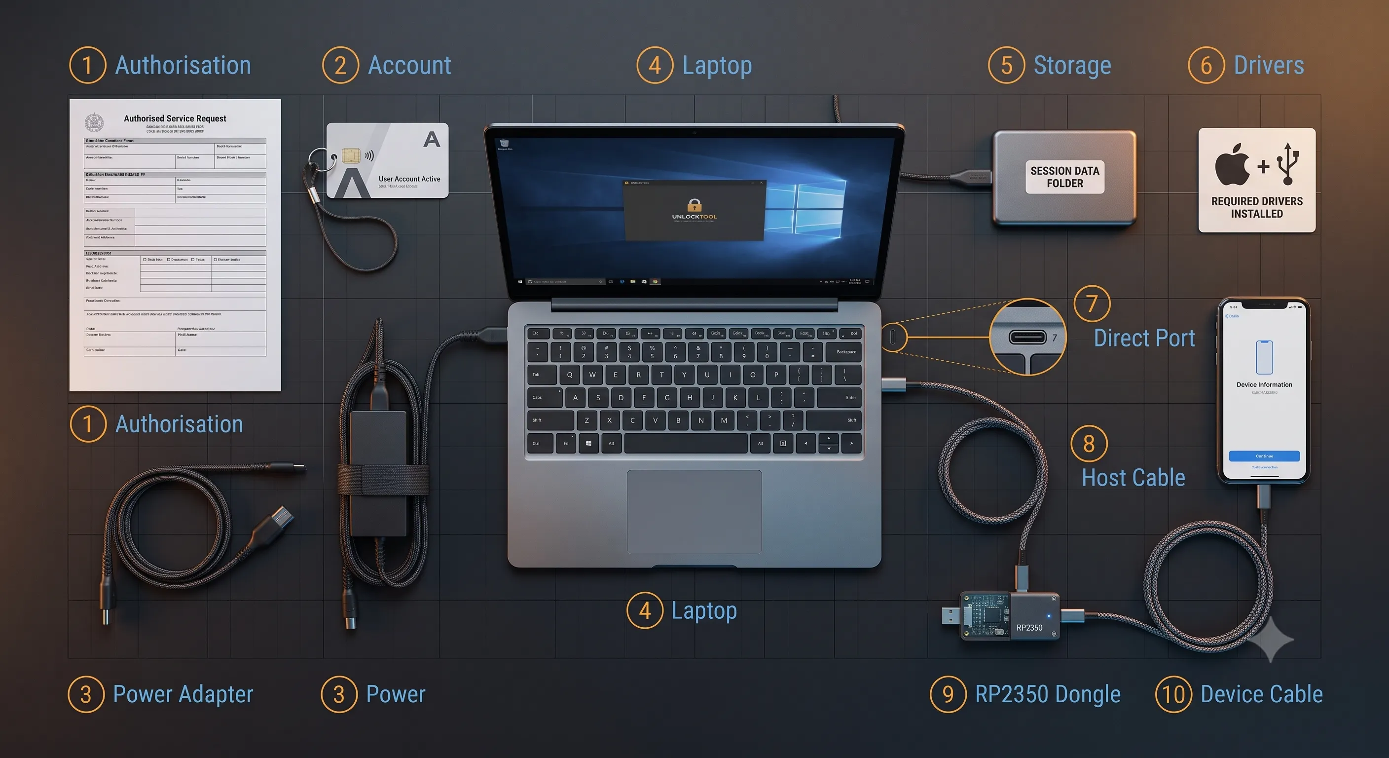 Checklist máy tính Windows, cáp, driver và phụ kiện cho UnlockTool Ramdisk